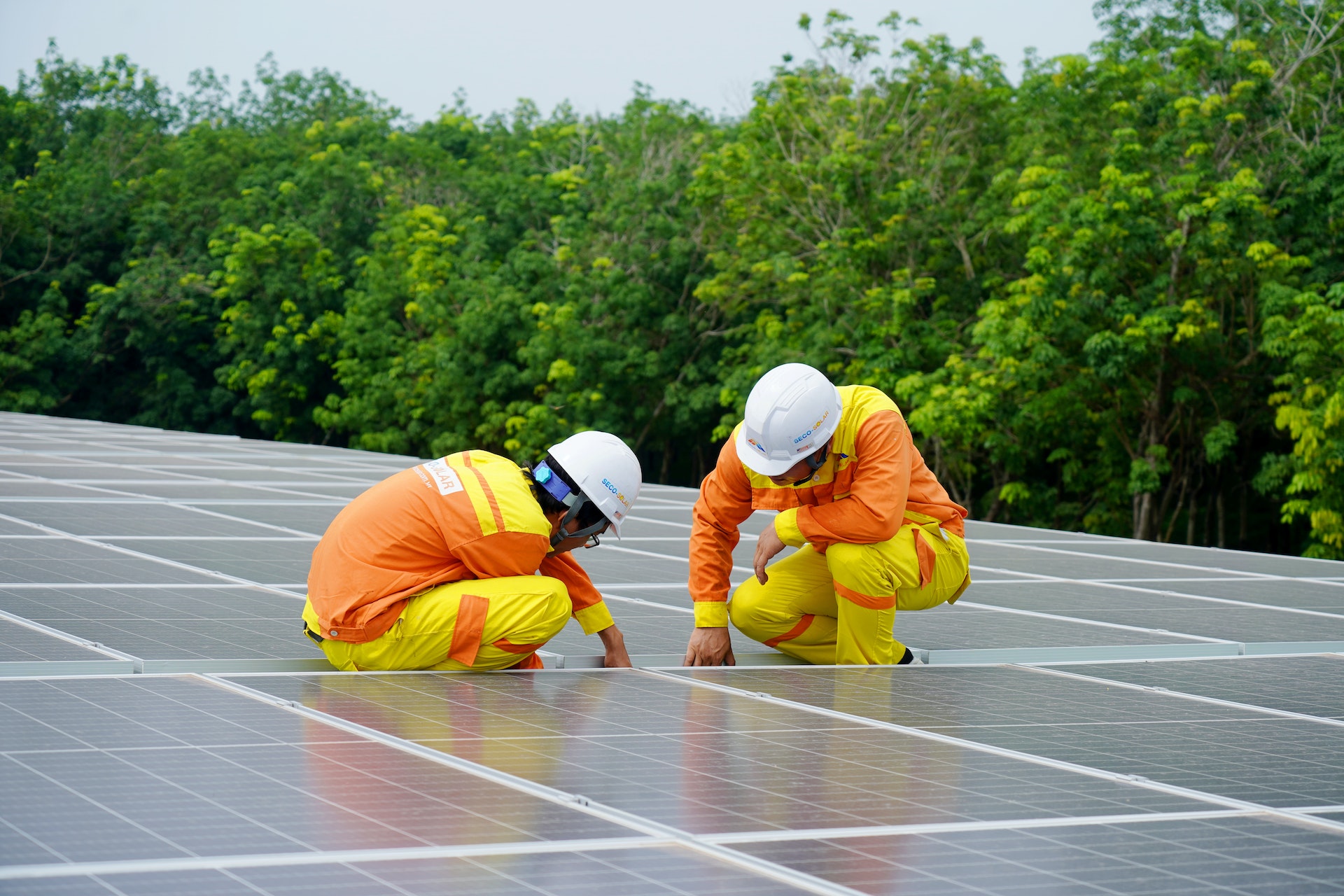 Operai lavorano alla stesura di pannelli solari